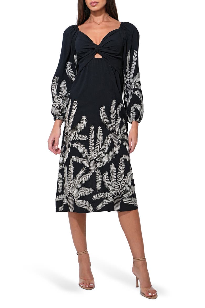 Jia Long Sleeve Embroidered Midi Dress, Main, color, BLACK