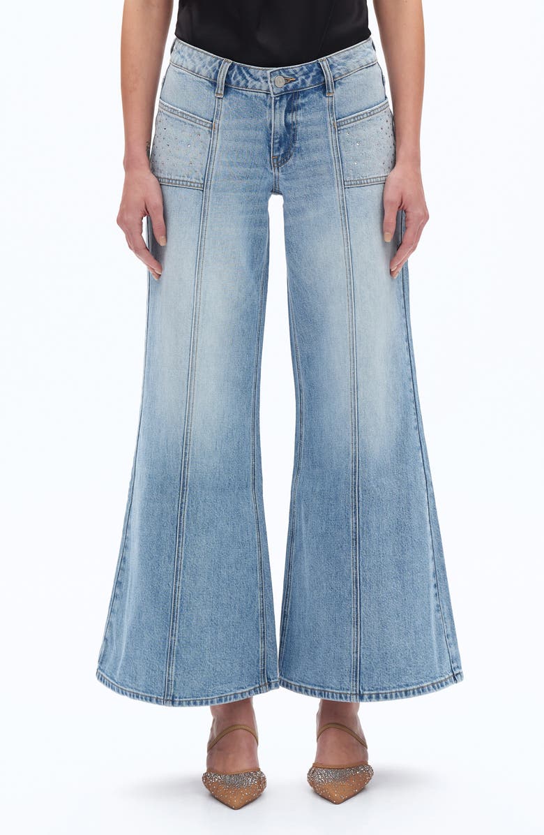 Bayeas Rhinestone Pocket Flare Jeans, Main, color, Light Blue
