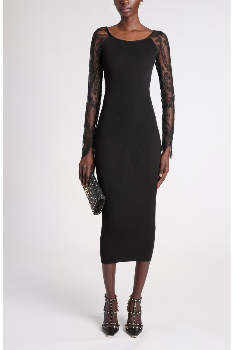 Lace Long Sleeve Rib Virgin Wool Blend Sweater Dress, Alternate, color, BLACK