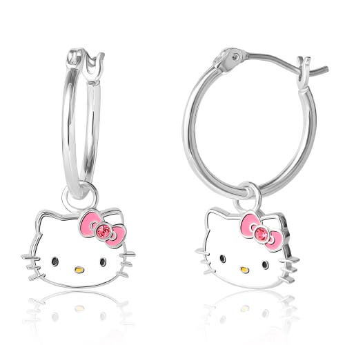 Hello Kitty Silver Plated Pink Crystal Charm Hoop Earrings In Metallic