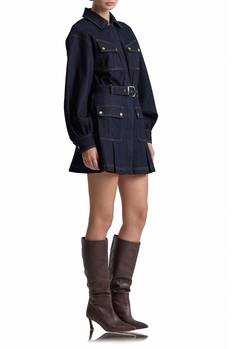 Belted Long Sleeve Stretch Denim MInidress, Alternate, color, DARK RINSE