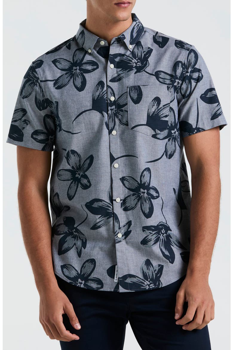 Floral Short Sleeve Cotton & Viscose Stretch Chambray Button-Down Shirt, Main, color, DARK SAPPHIRE