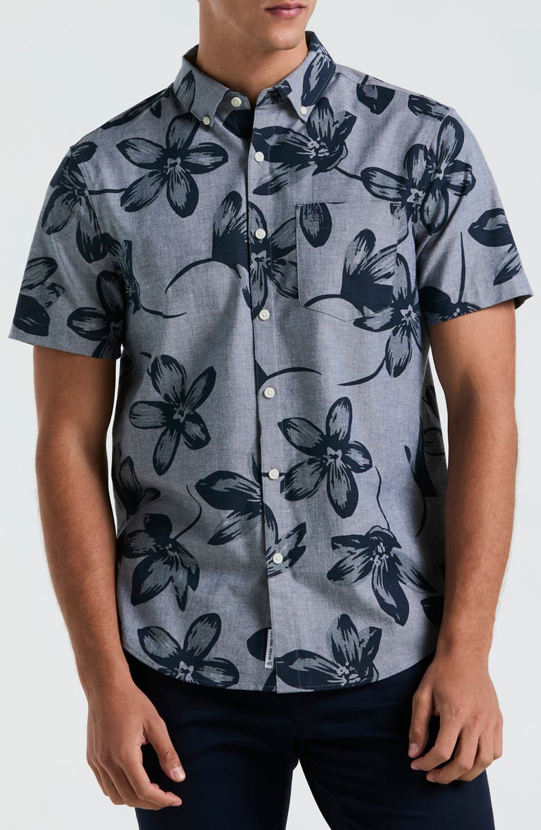 Original Penguin Floral Short Sleeve Cotton & Viscose Stretch Chambray Button-Down Shirt, Main, color,