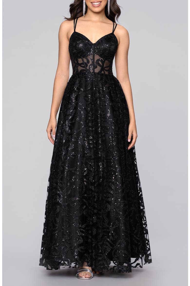 Strappy Illusion Bodice Ballgown, Main, color, BLACK