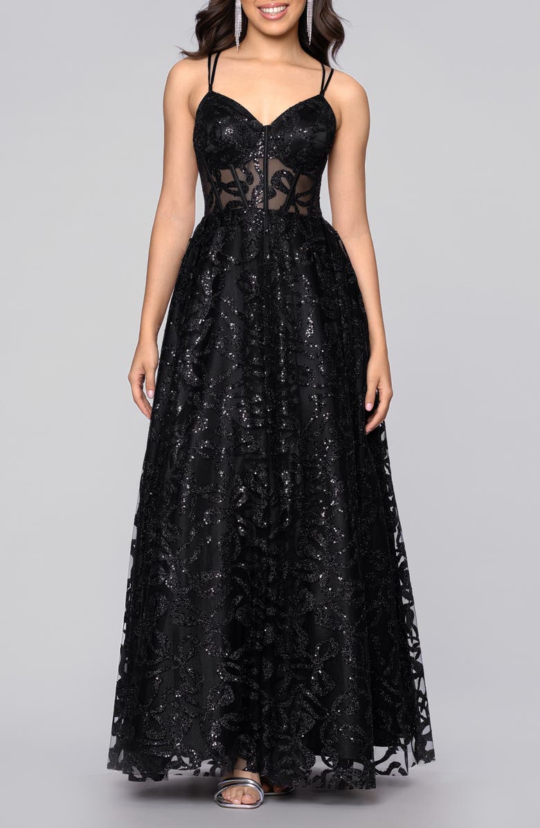 Blondie Nites Strappy Illusion Bodice Ballgown, Main, color, Black