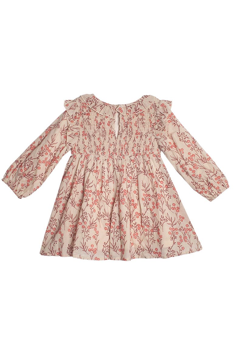 Mabel + Honey Mabel and Honey Girls' Long-Sleeve Autumn Floral Dress, Ruffled Collar and Smocked Front, Brown., Alternate, color, Brown