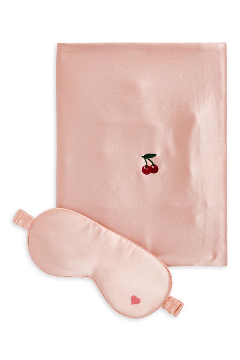 Embroidered Satin Pillowcase & Sleep Mask Set, Main, color, PINK/ HEART/ CHERRY