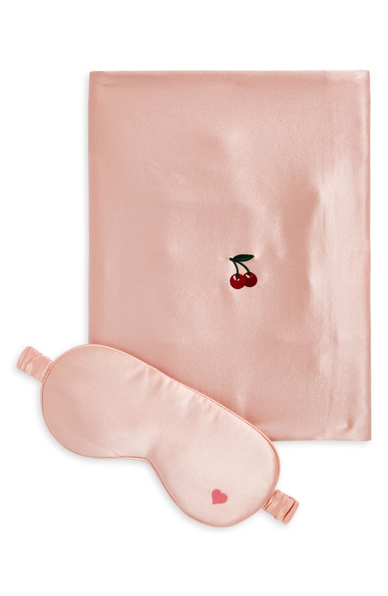 Lost Pattern Embroidered Satin Pillowcase & Sleep Mask Set, Main, color, Pink/ Heart/ Cherry