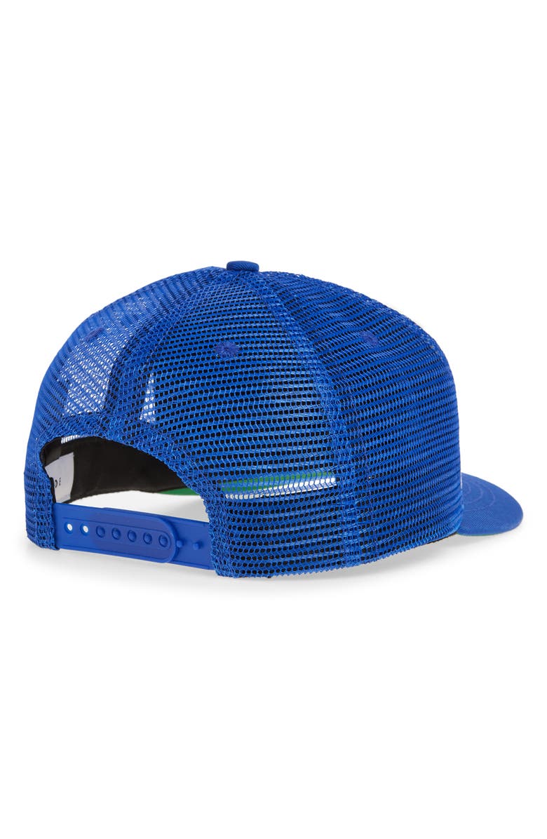 Rhude Pit Stop Twill Trucker Hat, Alternate, color, White / Blue / Red