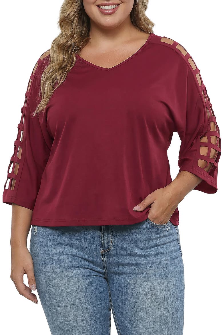 Cutout Sleeve V-Neck Top, Main, color, BURGUNDY