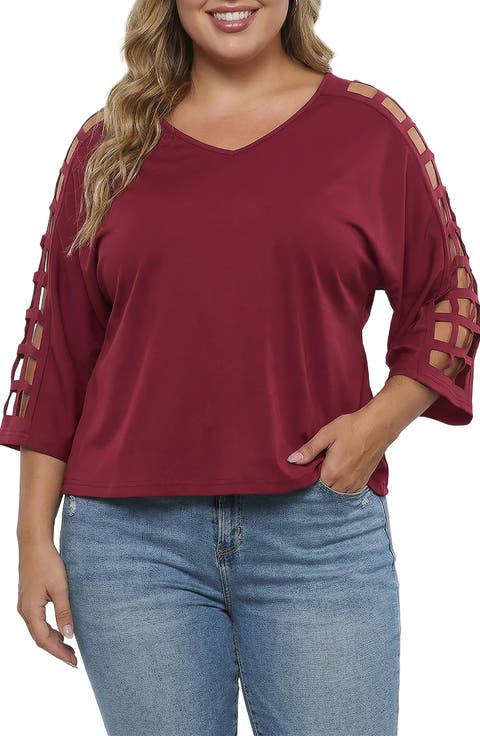 Cutout Sleeve V-Neck Top (Plus)