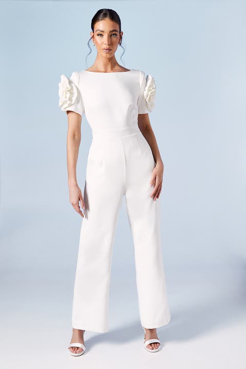3D Flower Shoulder Bridal Jumpsuit