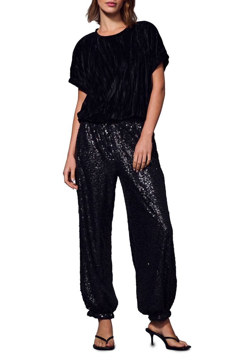 Float On Sequin Balloon Leg Pants, Alternate, color, BLACK