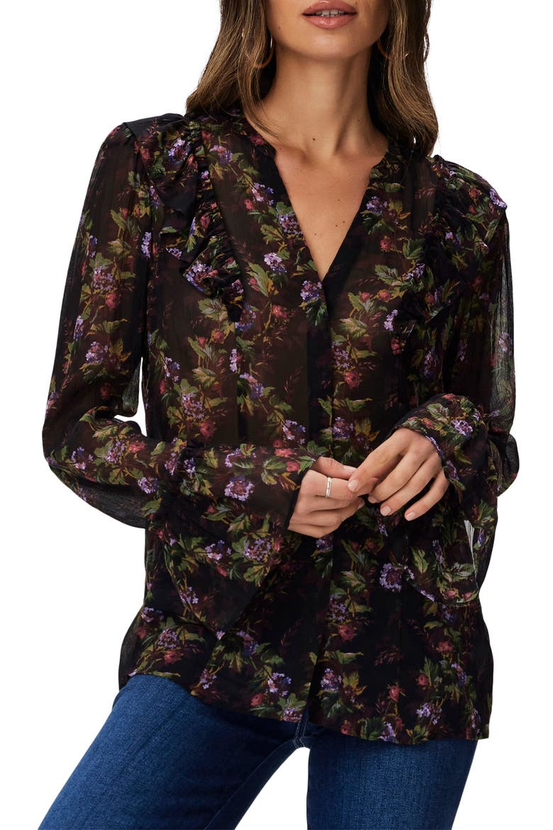 Tuscany Floral Print Silk Georgette Button-Up Shirt, Main, color, BLK MLTI