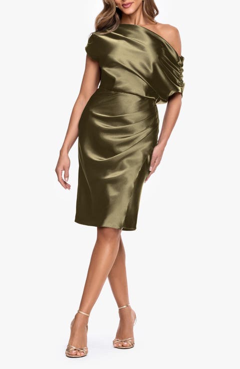 Ruched One-Shoulder Satin Charmeuse Cocktail Dress
