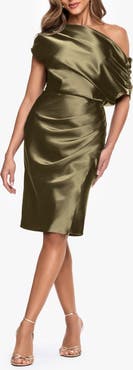 Betsy & Adam Ruched One-Shoulder Satin Charmeuse Cocktail Dress