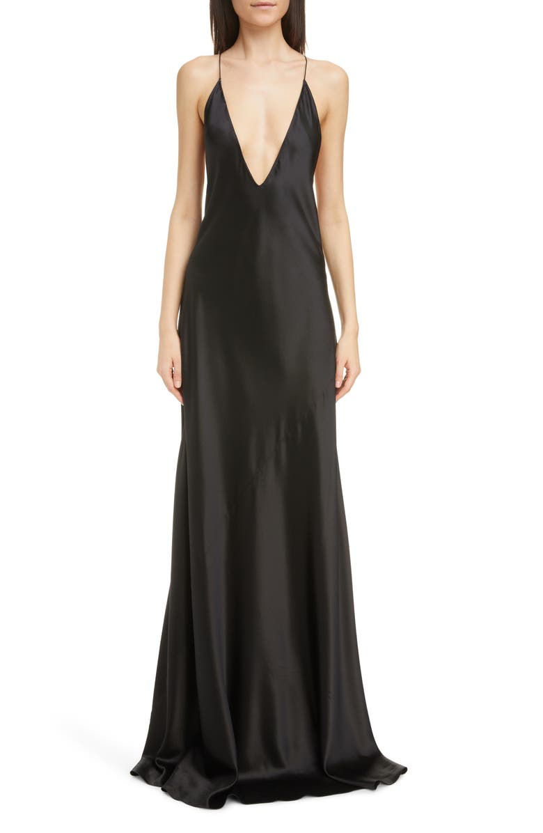 Saint Laurent Plunge Neck Open Back Silk Gown, Main, color,