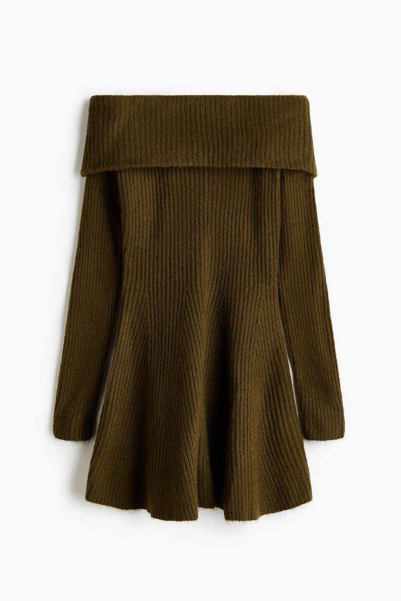 Rib-knit Off-the-shoulder Dress, Alternate, color, Dark khaki green