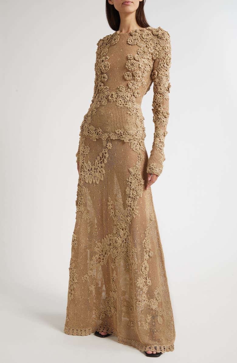 Ulla Johnson Aria Metallic Crochet Appliqué Open Stitch Maxi Skirt, Alternate, color, Lurex Combo