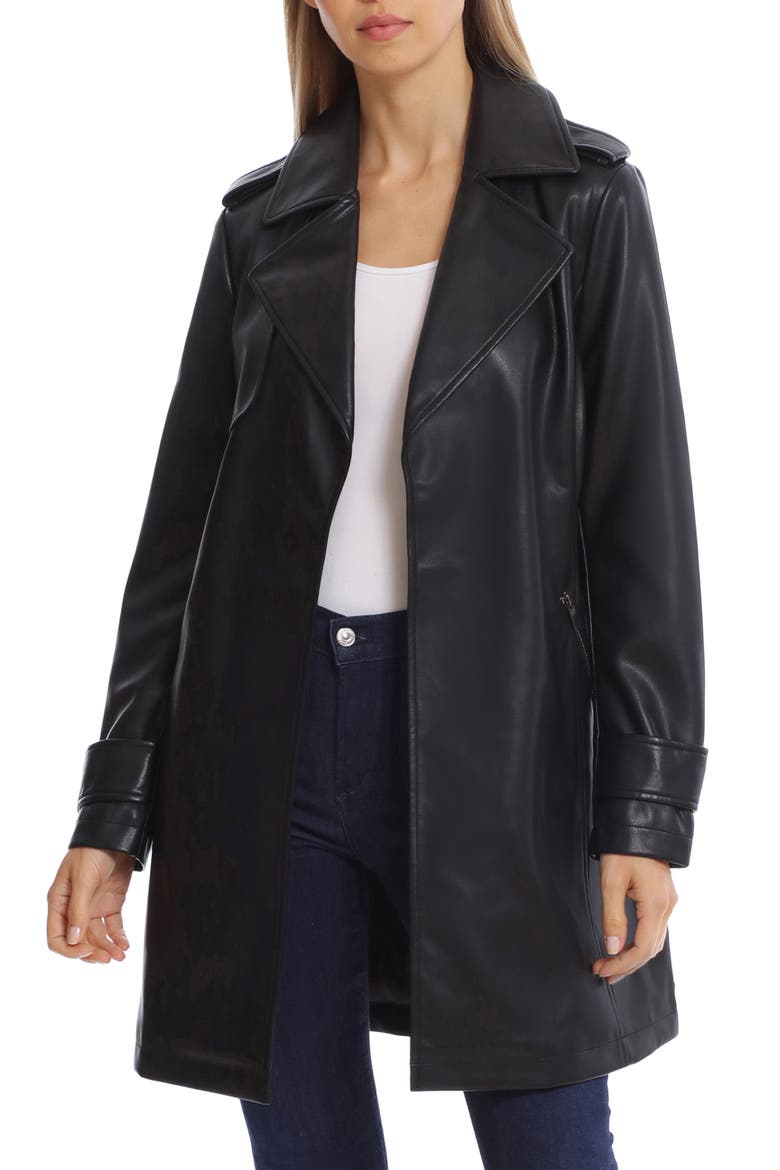 Open Front Faux Leather Trench Coat, Main, color, BLACK