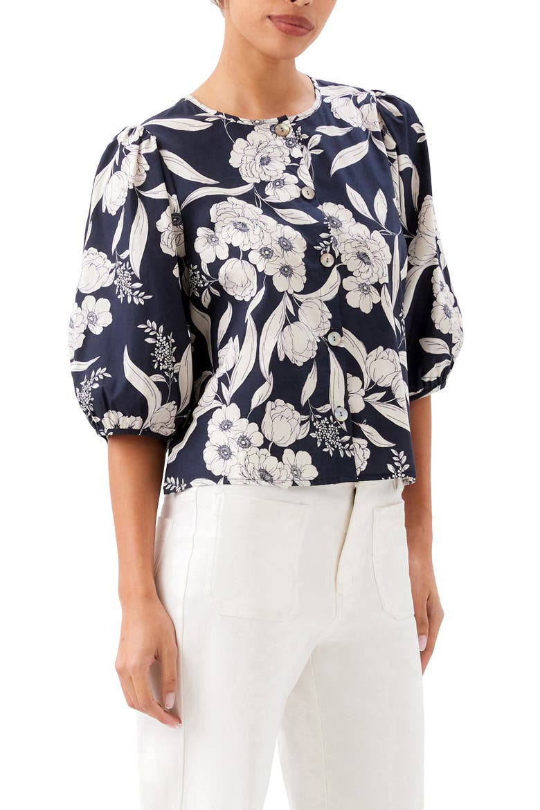Floral Print Puff Sleeve Cotton Button-Up Shirt, Alternate, color, FLORAL PRINT