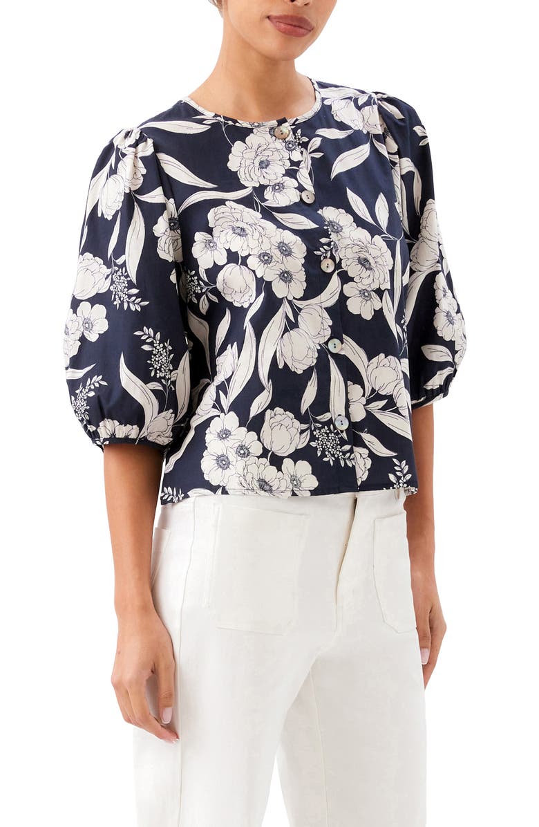 Karen Kane Floral Print Puff Sleeve Cotton Button-Up Shirt, Alternate, color, Floral Print