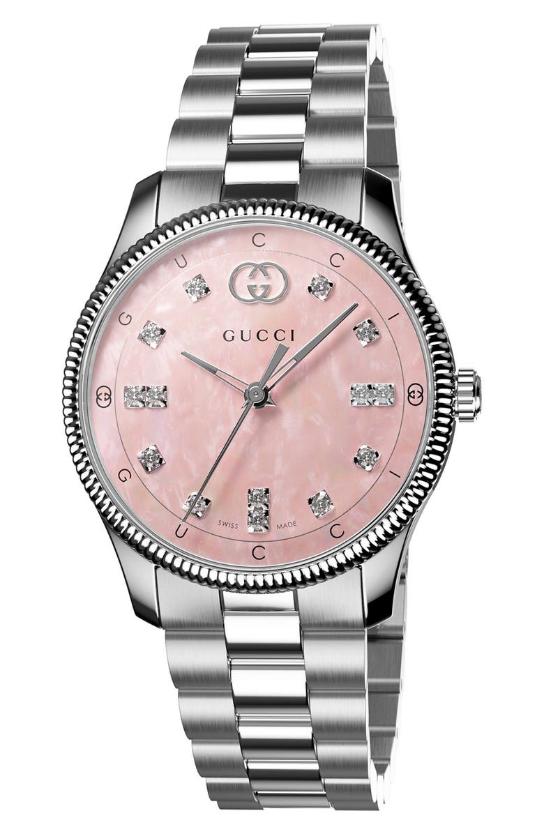 Gucci G-Timeless Mother-of-Pearl & Diamond Bracelet Watch, 29mm, Main, color, Silver