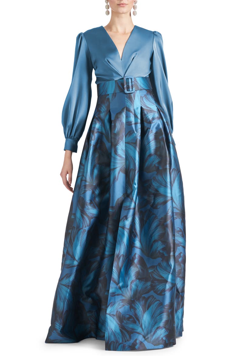 Zoe Floral Belted Long Sleeve Gown, Main, color, GUNMETAL TONAL PETAL