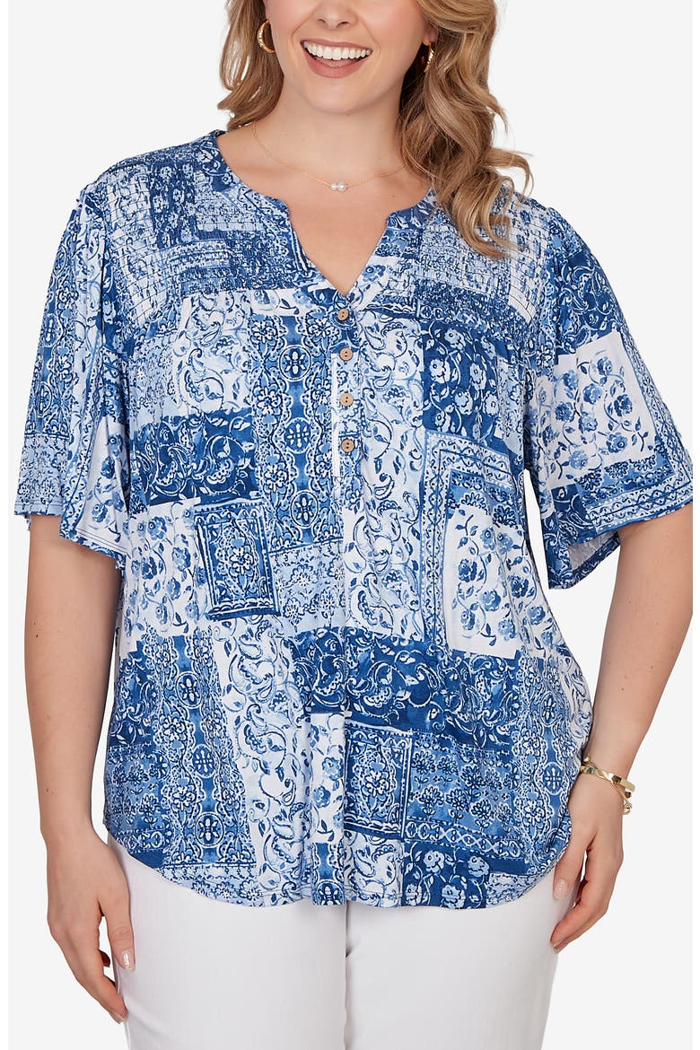 Floral Smocked Henley Jersey Top, Main, color, BRIGHT NAVY MULTI