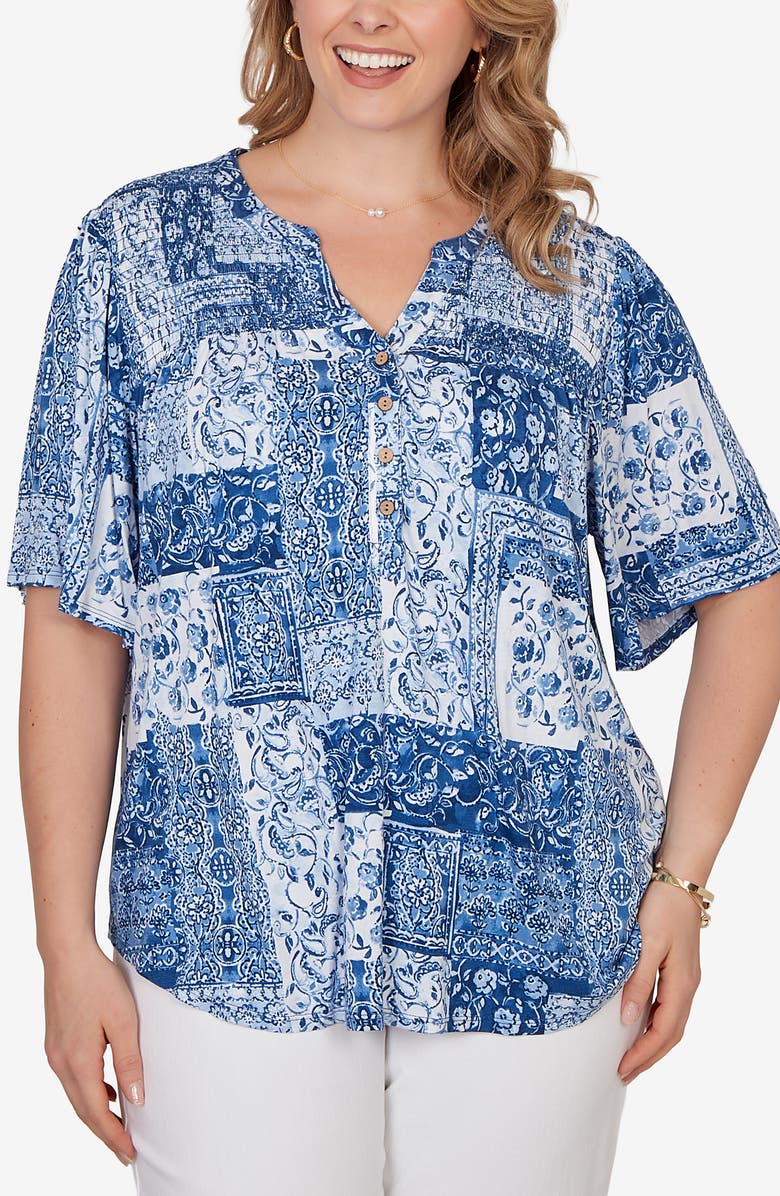 RUBY RD Floral Smocked Henley Jersey Top, Main, color, 