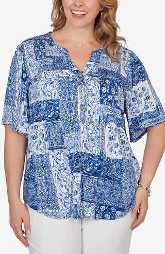 RUBY RD Floral Smocked Henley Jersey Top