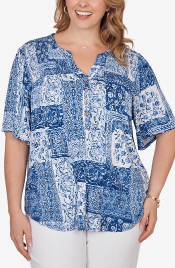Ruby Rd. Plus Size Patchwork Bandana Henley T-shirt In Blue