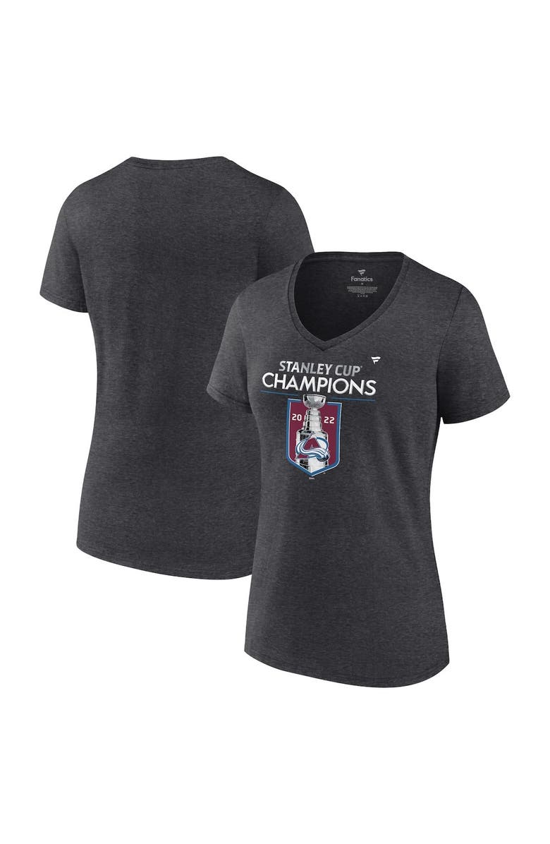 FANATICS Women's Fanatics Branded Heathered Charcoal Colorado Avalanche 2022 Stanley Cup Champions Locker Room V-Neck T-Shirt, Main, color,