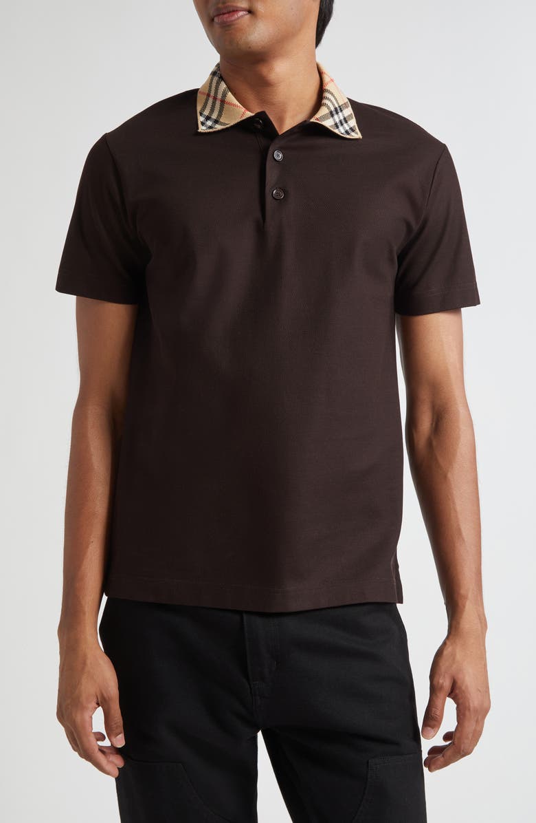 Burberry Evan Check Collar Cotton Piqué Polo, Main, color, Clove Brown