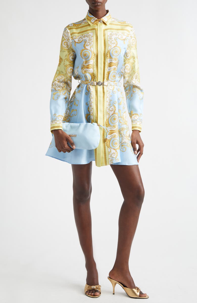Versace Barocco Print Belted Long Sleeve Silk Shirtdress, Alternate, color, Pale Yellow Pastel Blue