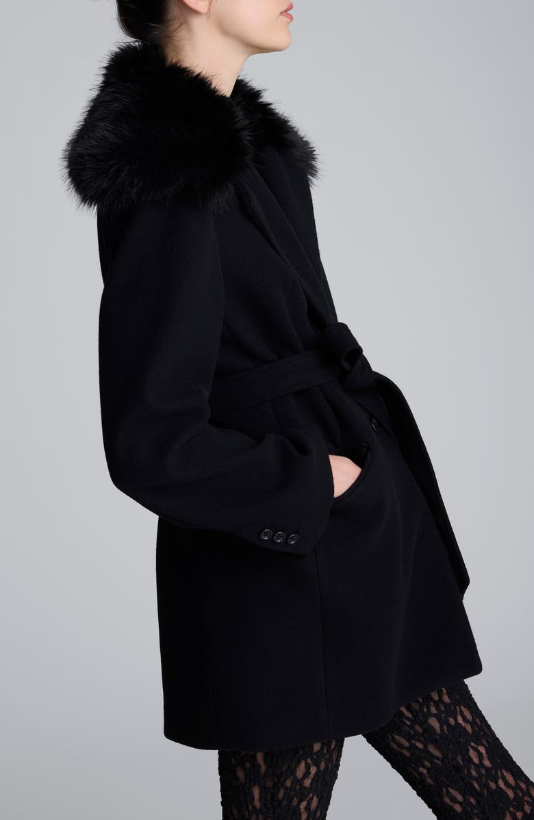 Kenneth Cole Belted Jacket with Faux Fur Collar, Alternate, color, Black
