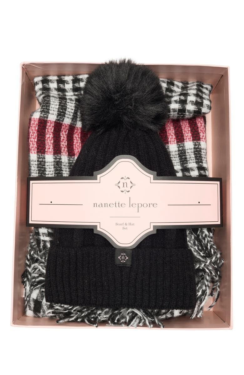 Nanette Lepore Faux Fur Pompom Beanie & Scarf Set, Alternate, color, Black