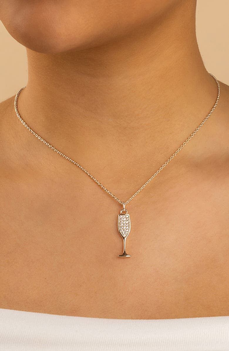 Sterling Forever Pavé Cubic Zircoia Champagne Flute Pendant Necklace, Alternate, color, Silver