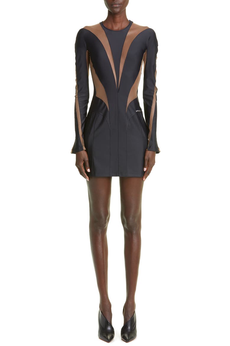 Cutout Illusion Panel Long Sleeve Body-Con Minidress, Main, color, 19991 BLACK NUDE 01