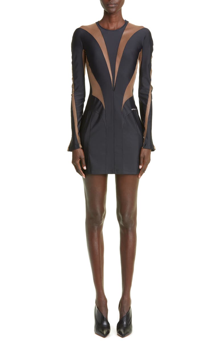 MUGLER Cutout Illusion Panel Long Sleeve Body-Con Minidress, Main, color,