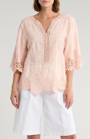 Democracy Crochet Cotton Peplum Top In Pink