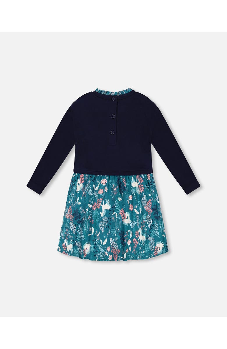Deux par Deux Little Girl's Bi-Material Long Sleeve Dress Turquoise Printed Fairy Unicorn, Alternate, color, 