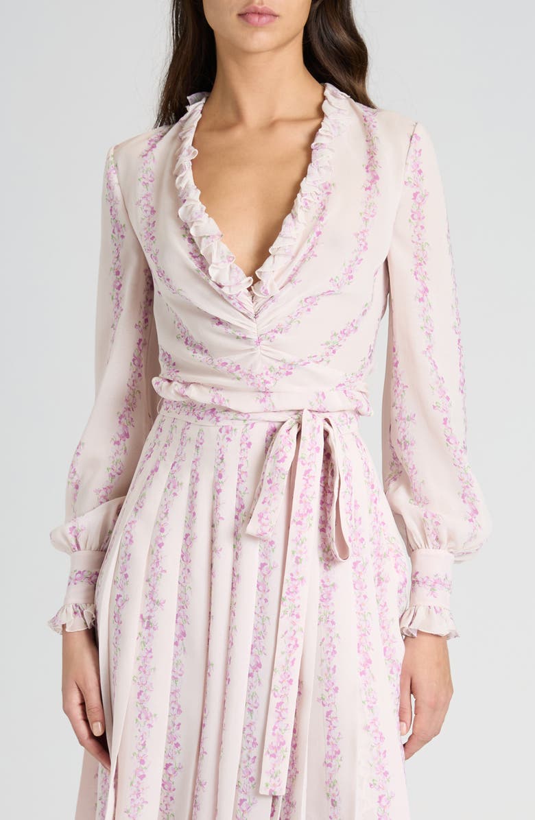 Valentino Garavani Floral Print Ruffle Silk Georgette Top, Main, color, Avorio/ Lilla