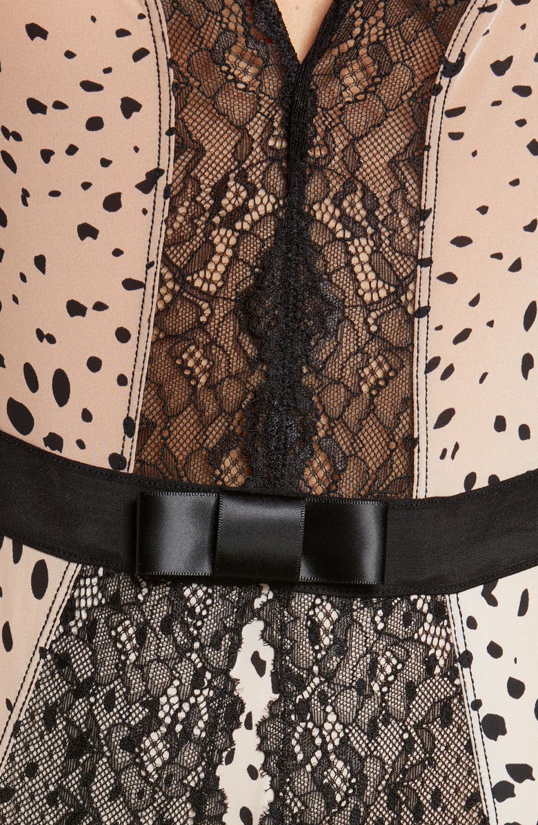 Black Bow Henny Satin & Lace Thong Bodysuit, Alternate, color, Organic Animal