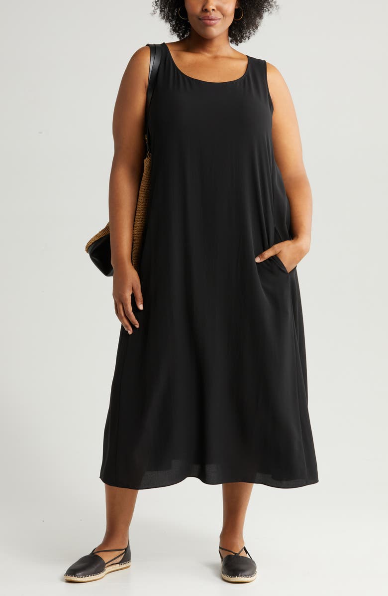 Eileen Fisher Scoop Neck Silk Midi Dress, Main, color,