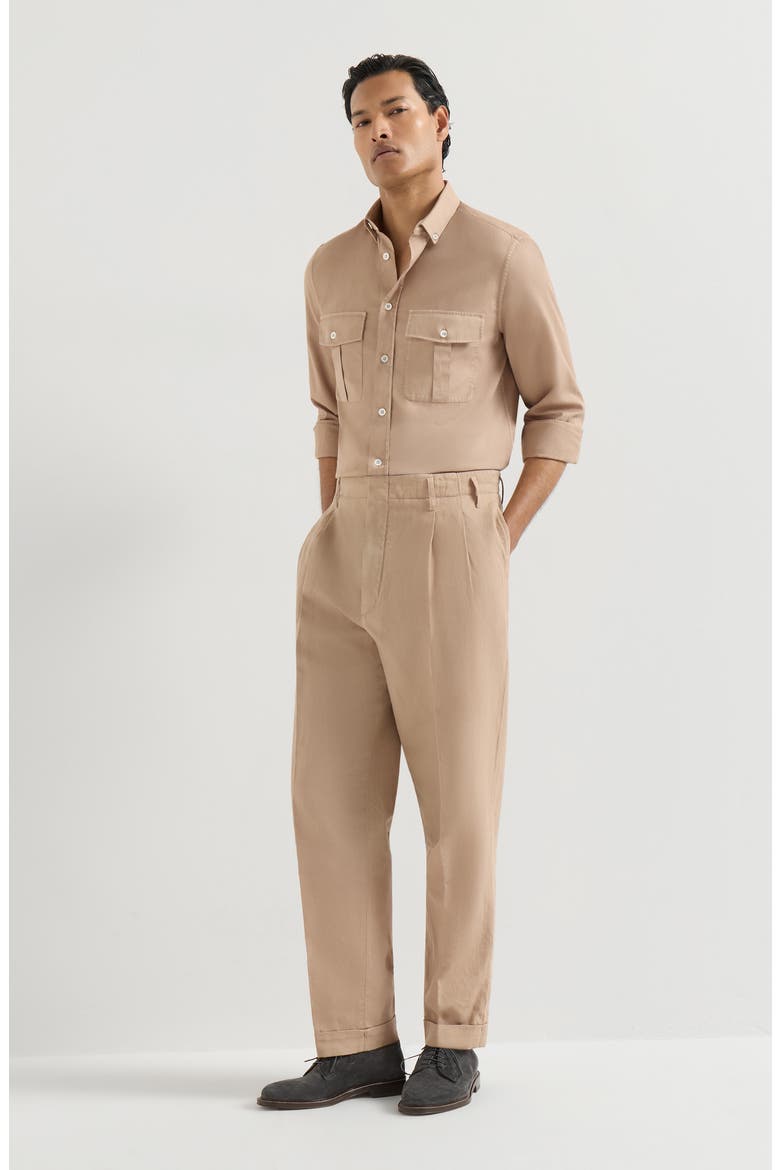 Garment-dyed trousers in cotton and linen canvas with double pleats, Alternate, color, Tobacco