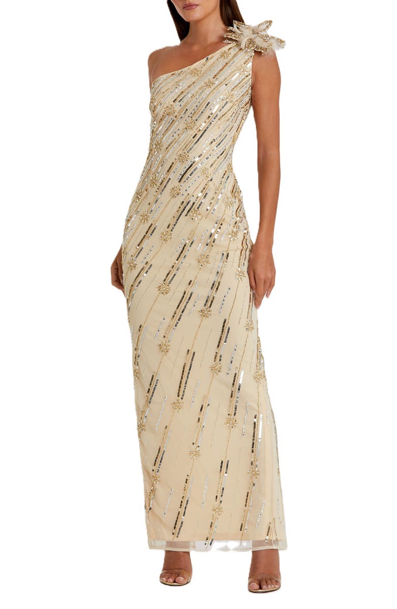 Mac Duggal Embellished Floral Detail One Shoulder Gown, Main, color, Nude Gold