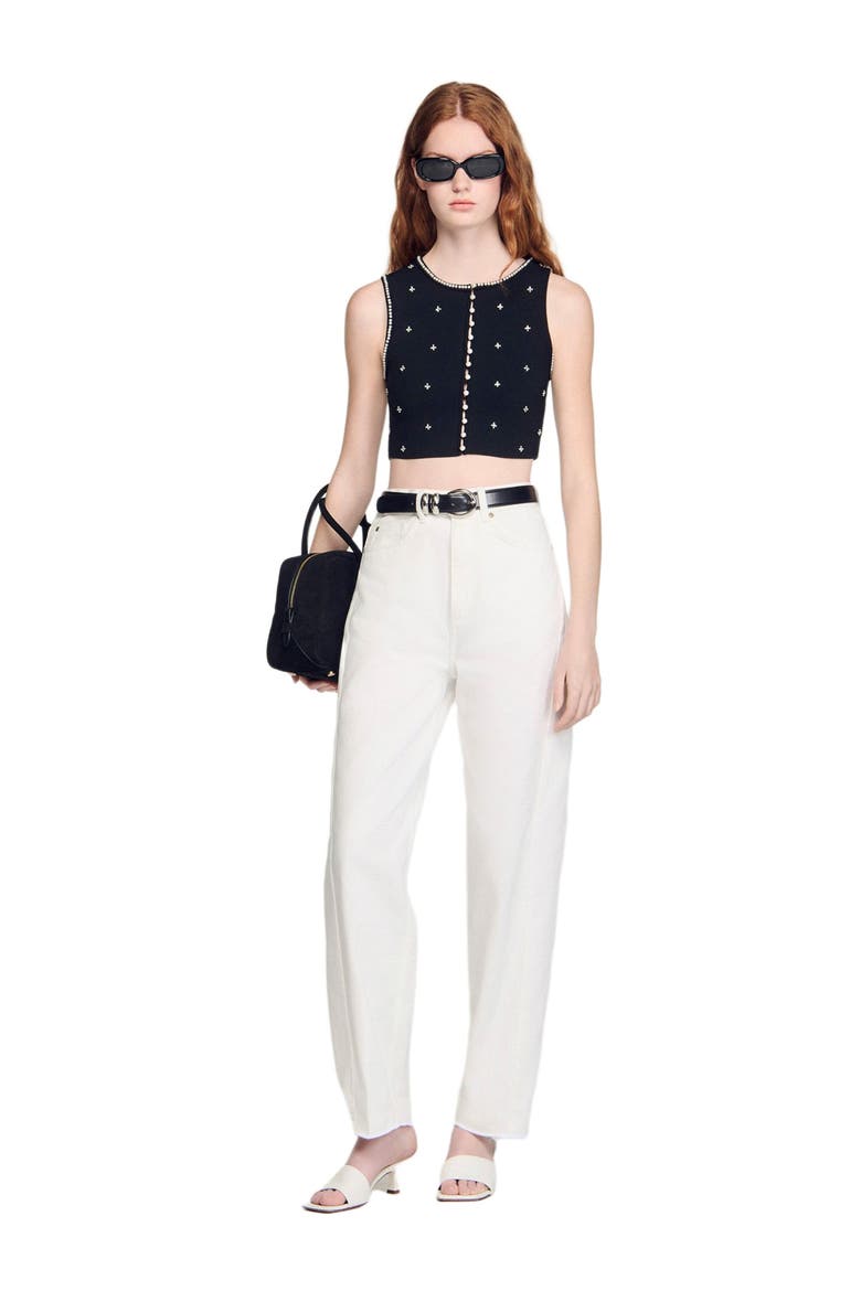 Jewelled embroidered knit crop top, Alternate, color, Black