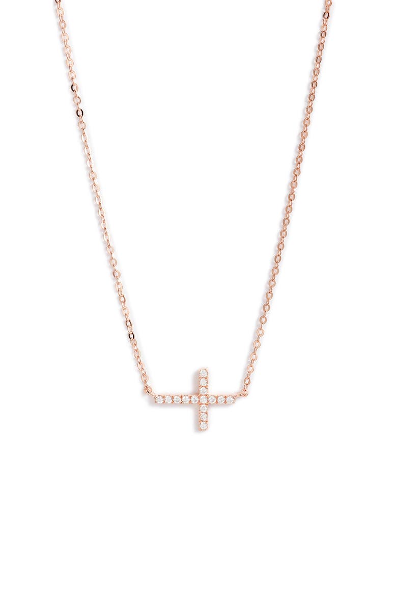 Cubic Zirconia Horizontal Cross Necklace, Main, color, CLEAR- ROSE GOLD