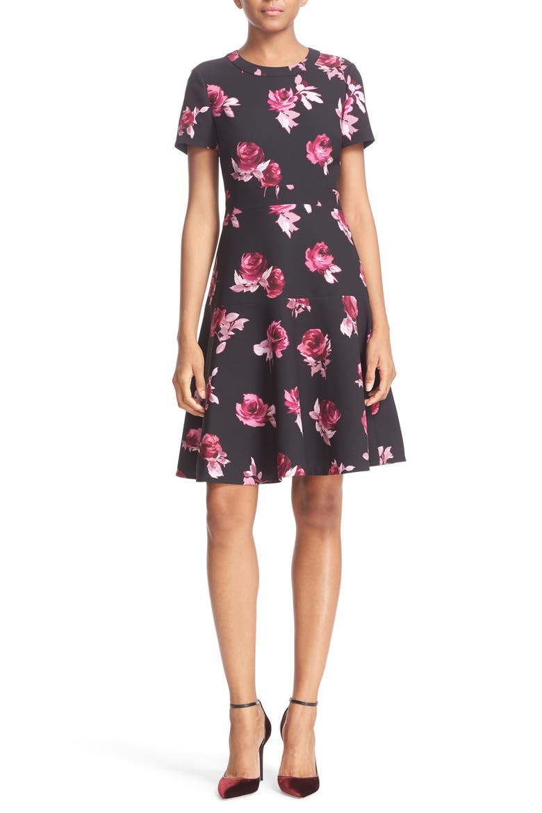 'encore rose' crepe fit & flare dress, Main, color, BLACK
